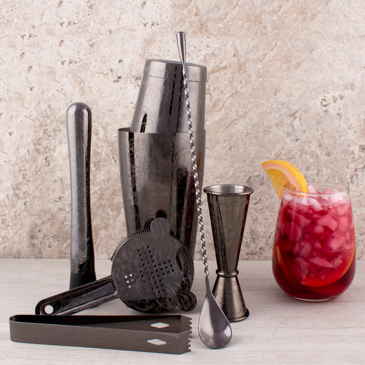 Olea® Etched 7 piece Bar Set - Gun Metal BarProducts.com Visit us online  today! Go online to visit us